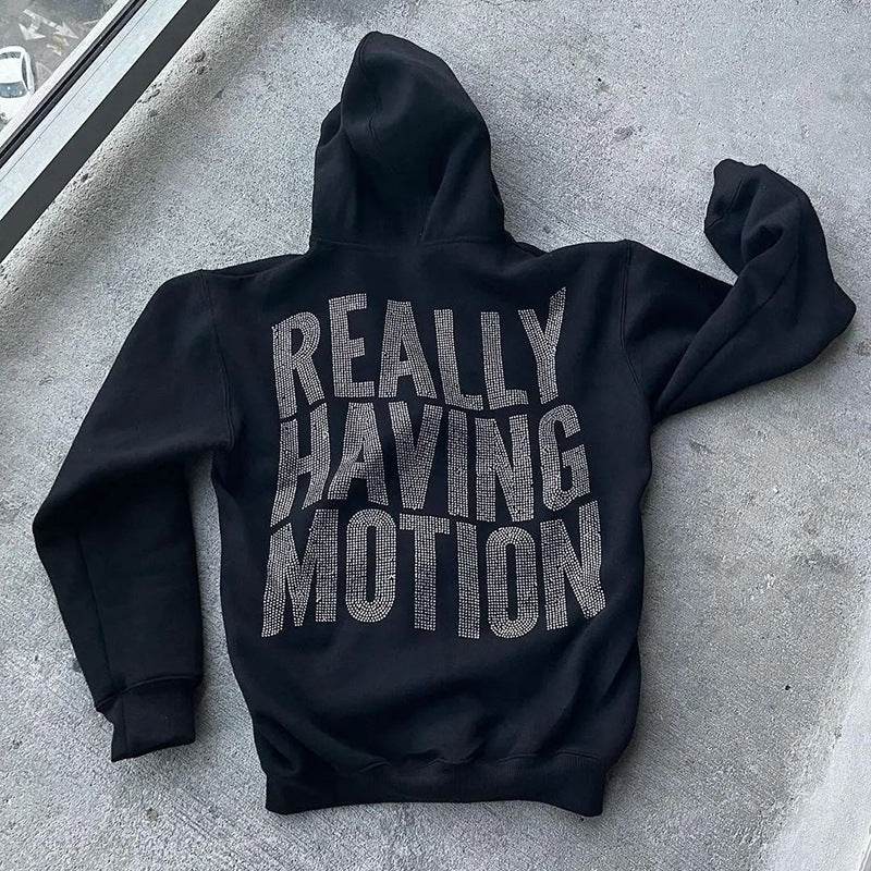 Fashion Men's Hoodies Letters Rhinestone Loose Cardigan Zipper Sweater - Mubimart