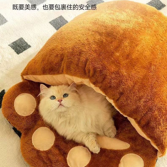 Winter Warm Cute Bear Paw Cat Bed Thickened House Semi-closed Cat Nest Large Space Washed Sleeping Bag Dog Pet Bed Pets Products
