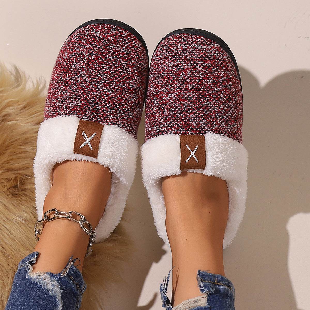 Winter Plush Slippers Fashion Thick Bottom Warm House Shoes For Women Men Indoor Bedroom Floor Slipper - Mubimart