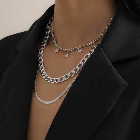 Multilayer Star Choker Necklaces for Women Punk Geometric Snake Chain - Mubimart
