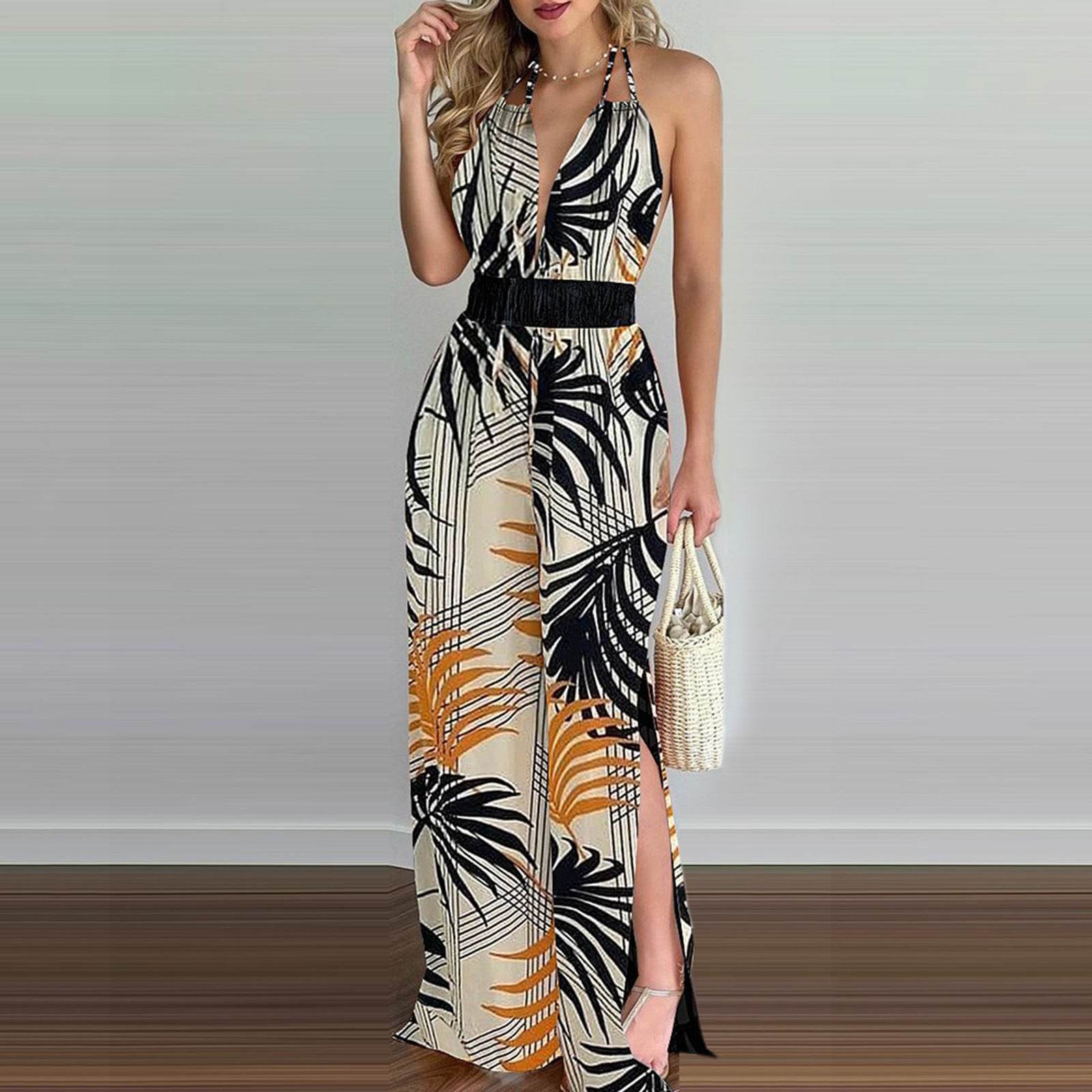 Printed Suspender Dress Plus Size Loose Jumpsuit - Mubimart