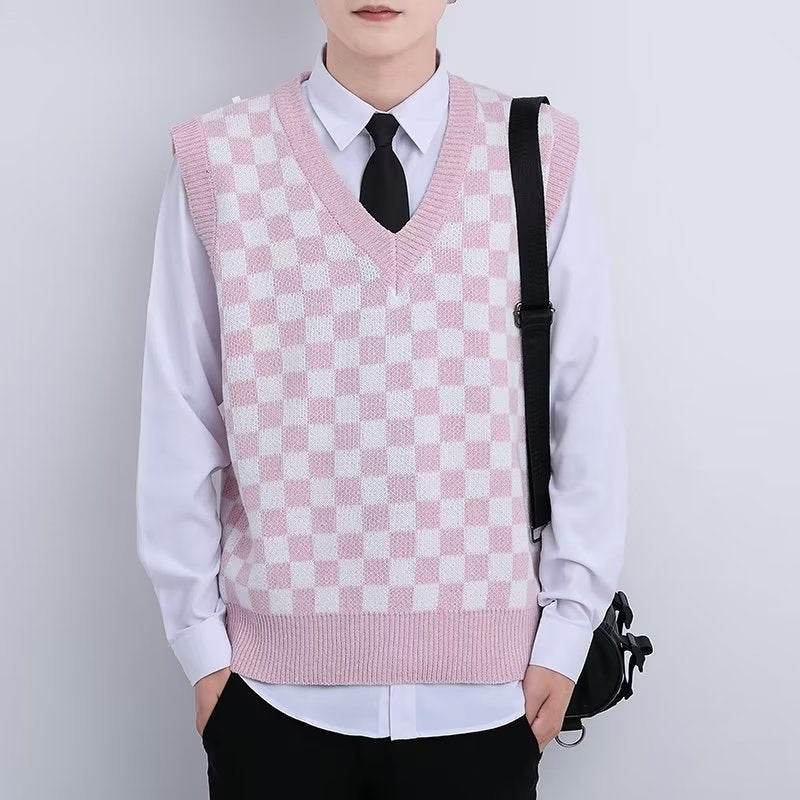 V-neck Knitted Boys' Checkered Sweater Vest - Mubimart