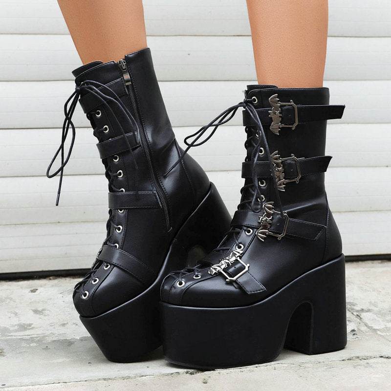 Hot Girl Punk Platform Martin Boots Women's Round Head Gothic Muffin Bottom Tall Knight Boots - Mubimart
