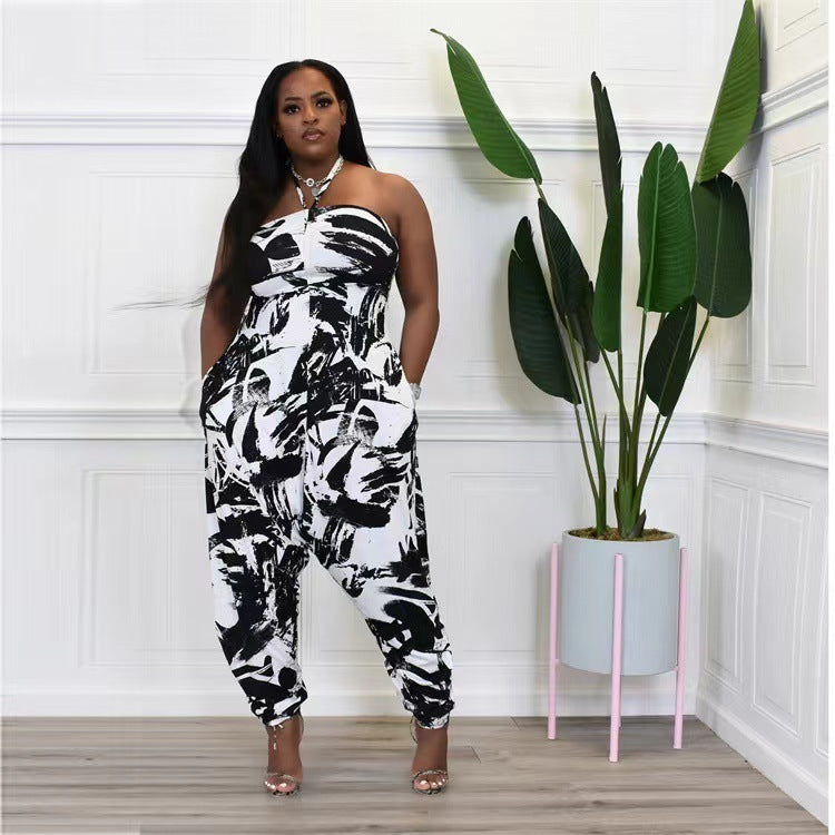 Plus Size Women's Halter Loose Lantern Sleeveless Print Jumpsuit - Mubimart - Plus Size Jumpsuit 