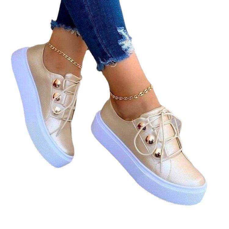 Lace-up Flats Sneakers Women Rivet Casual Shoes - Mubimart