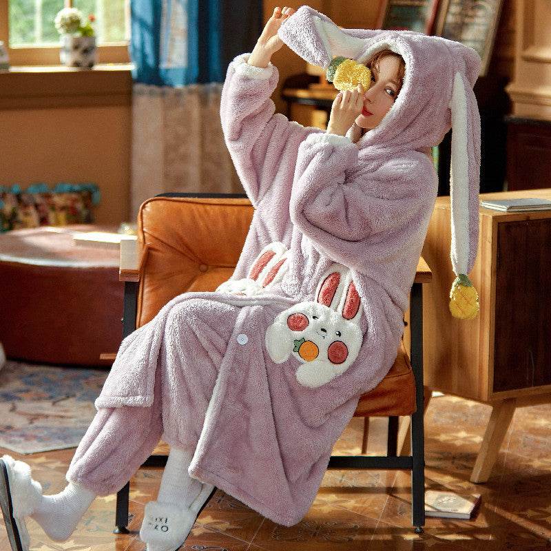Coral Fleece Nightgown Plus Velvet Thick Plush Home Service - Mubimart