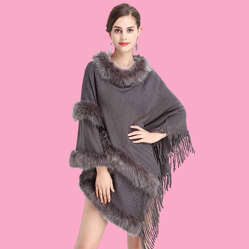 Large Size Faux Fox Fur Mid-length Cape Shawl - Mubimart