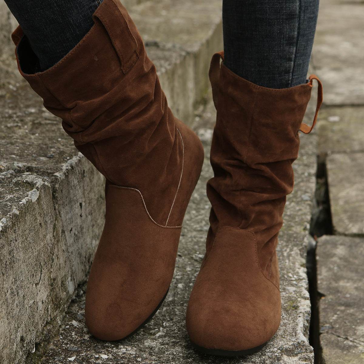 Round Toe Flat Boots Fashion Solid Color Suede Mid-calf Boot Winter Warm Shoes For Women - Mubimart