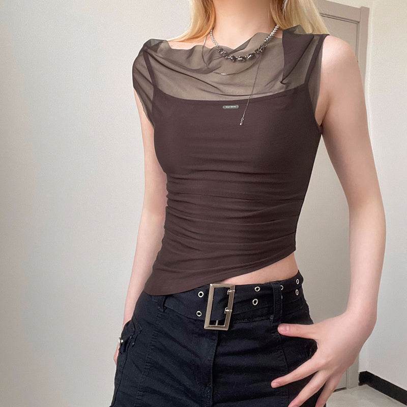 Mesh Spliced Irregular Strap Tank Top For Women - Mubimart