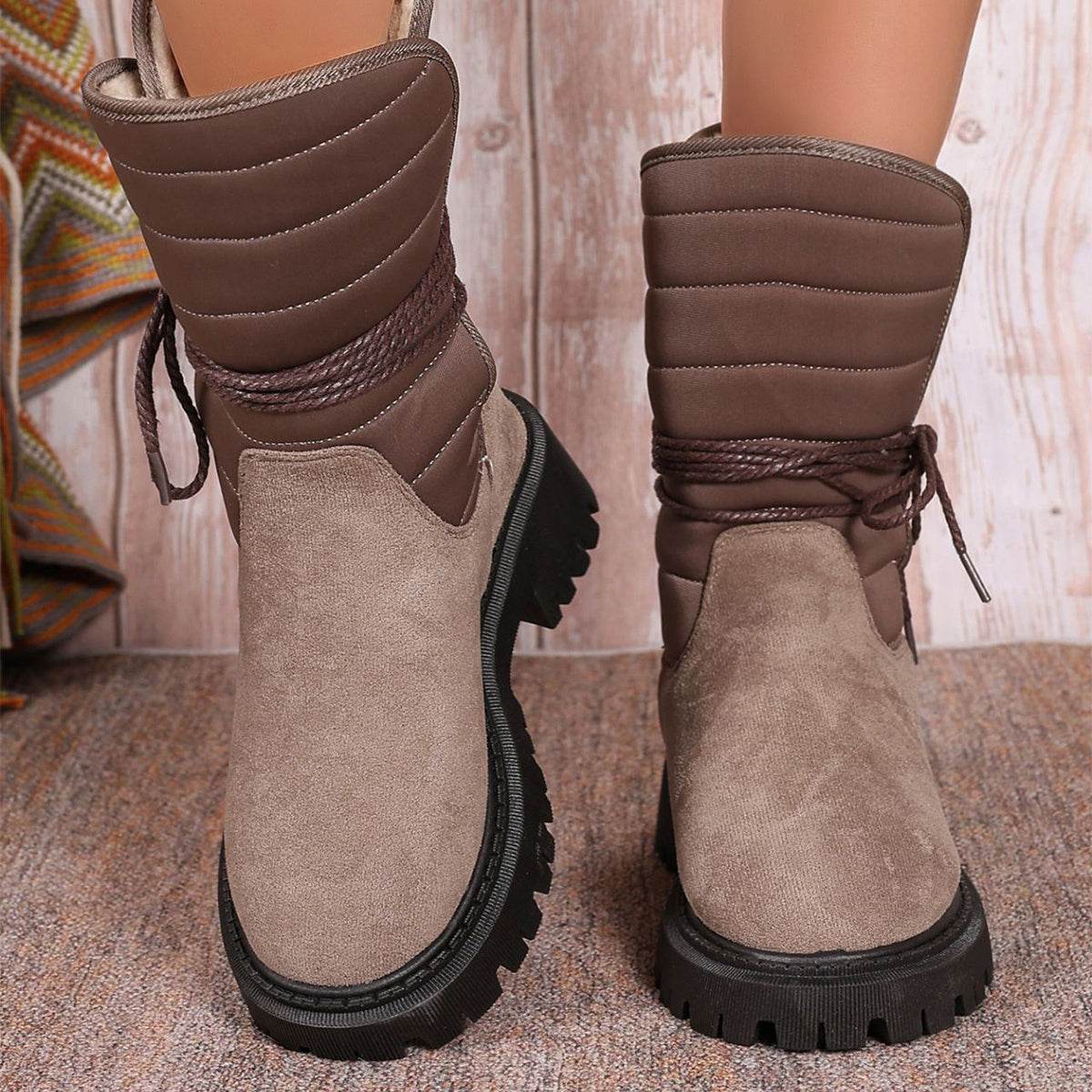 Fashion Mid-calf Snow Boots With Lace-up Design Winter Warm Thickened Low-heeled Boot Women's Casual Shoes Outdoor - Mubimart