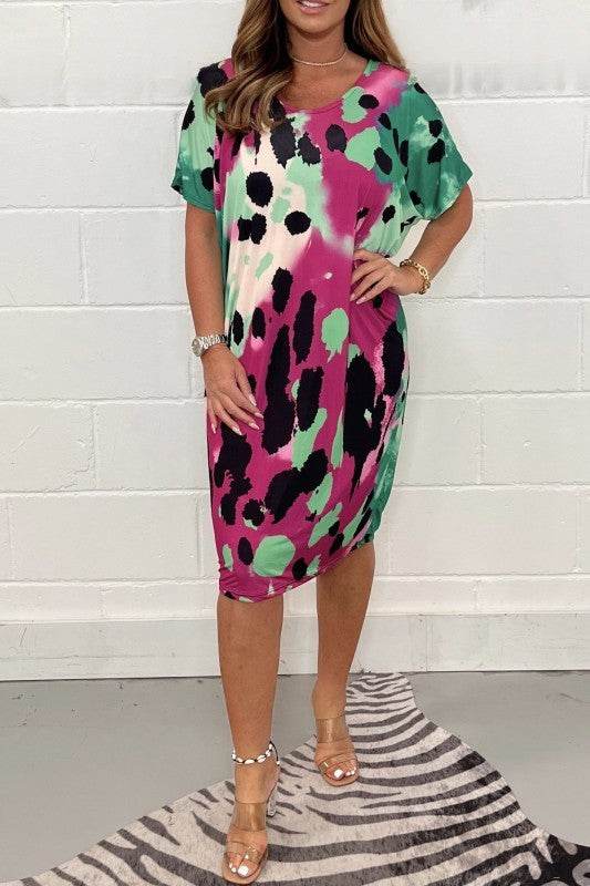 Plus Size Women's Printed Casual Short Sleeve Dress - Mubimart