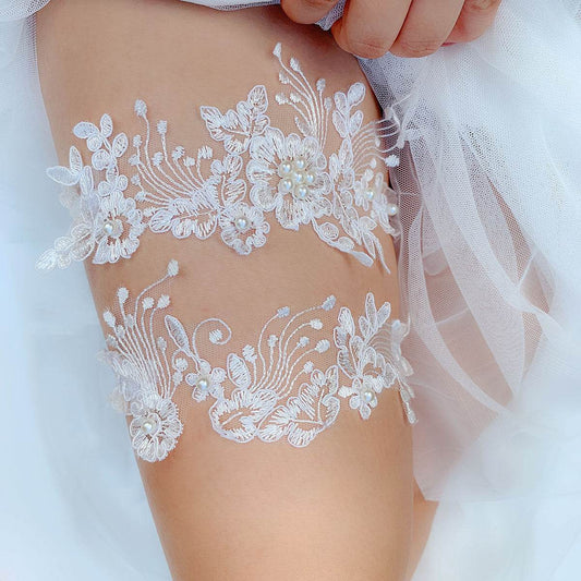 European And American Bridal Lace Garter Belt Blue Pearl Garter Belt Sexy Elastic Leg Loop - Mubimart
