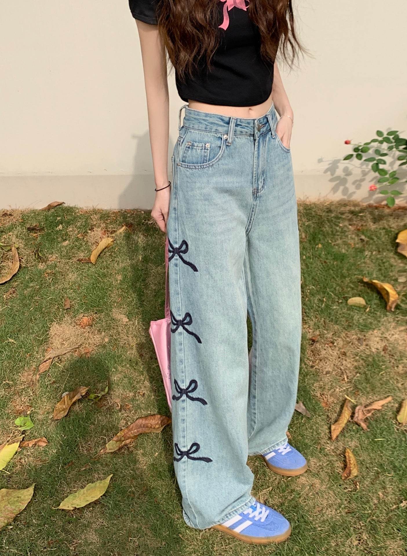 Butterfly Embroidered Jeans Wide-leg Pants For Women - Mubimart