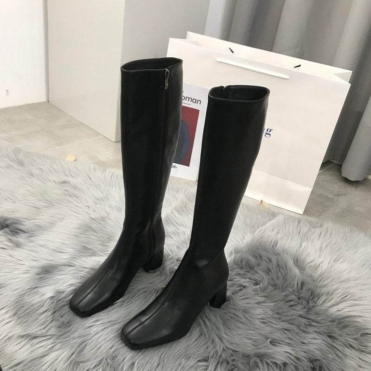 But Women's Knee Side Zipper Square Toe Boots - Mubimart