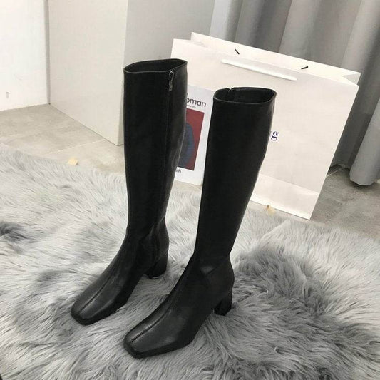 But Women's Knee Side Zipper Square Toe Boots - Mubimart