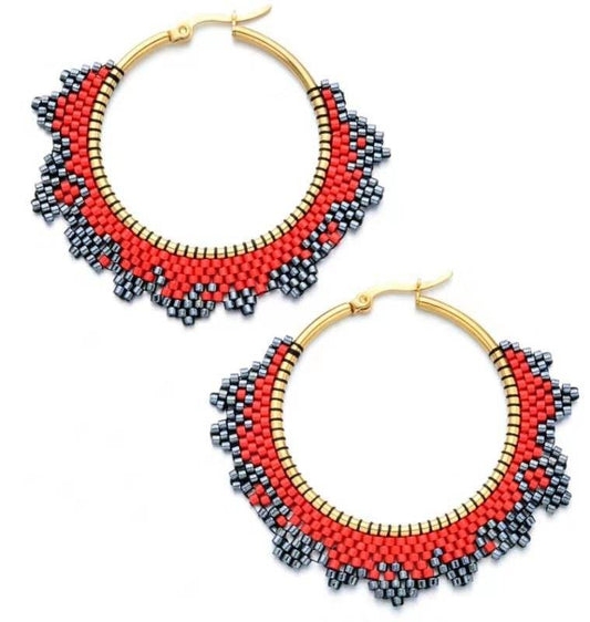 Handmade Woven Beaded Hoop Earrings - Mubimart