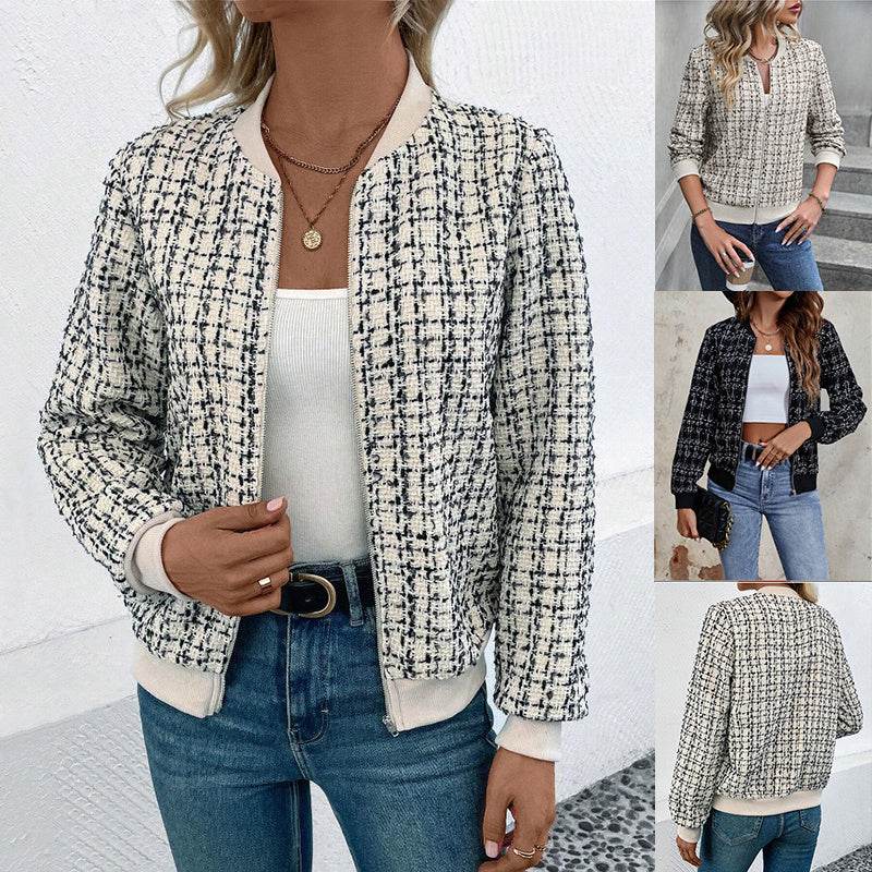 Fashion Plaid Zipper Short Jacket Autumn And Winter Casual Long Sleeve Baseball Clothing Women's Outwear Tops - Mubimart