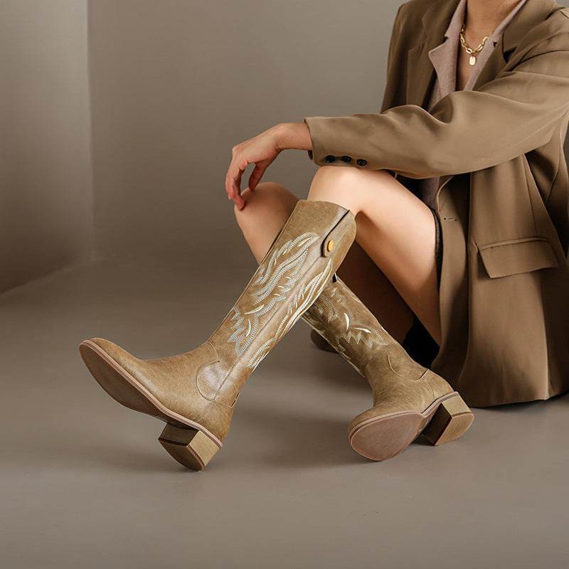 Retro Chunky Heel Embroidery Western Cowboy Boot Women - Mubimart