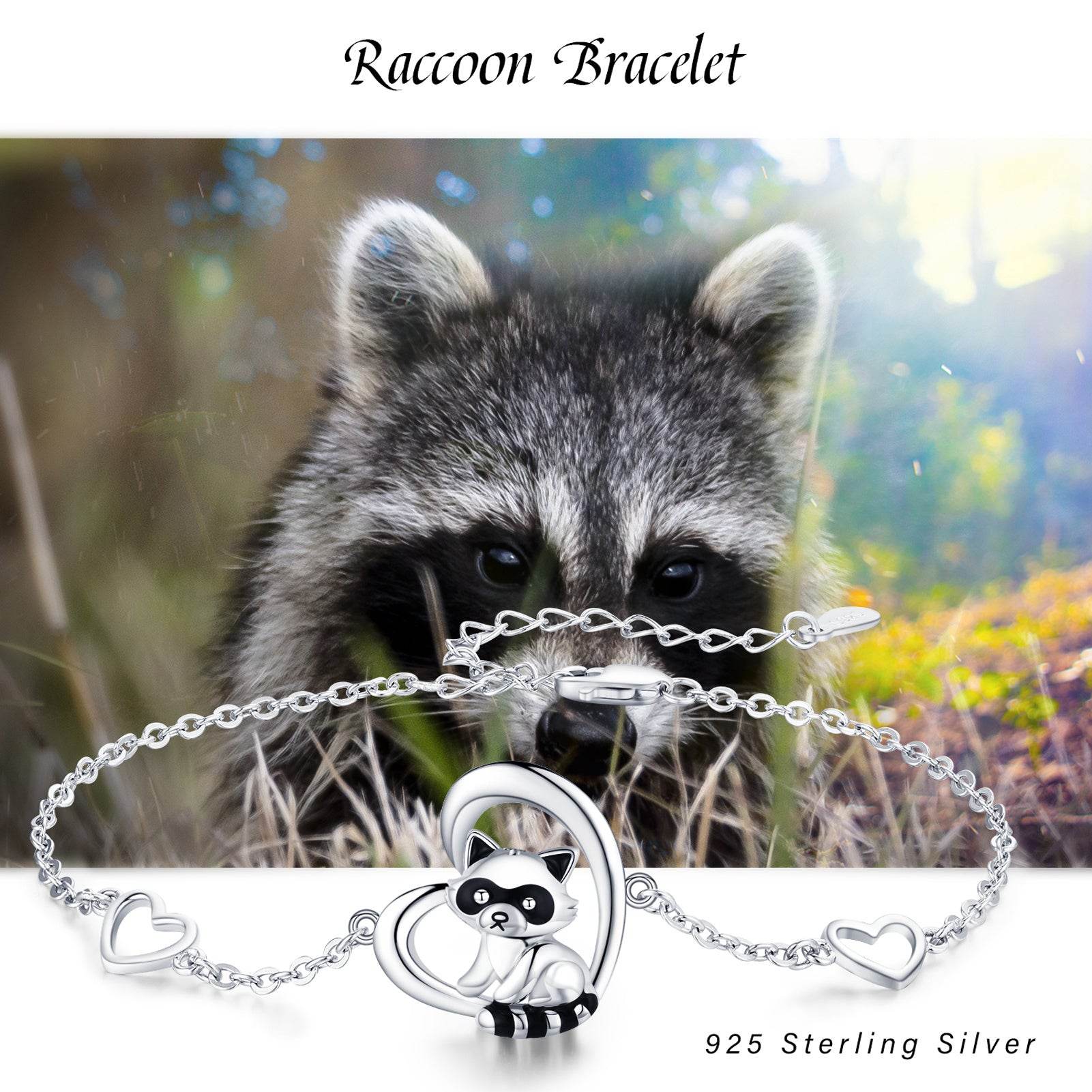 925 Sterling Silver Heart Charm Raccoon Bracelet Animal Jewelry Gifts For Women Girls Teen - Mubimart