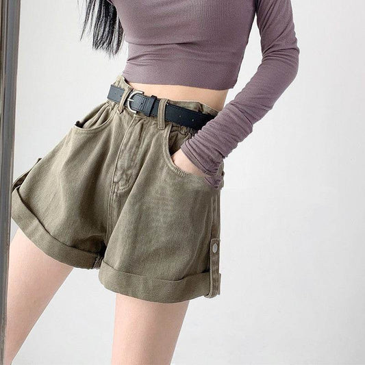 Fashionable Hot Girl Overalls Denim Shorts Women Rolled Hem - Mubimart