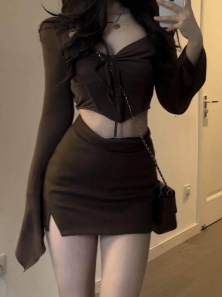 Top Long Sleeve Short Dress Young Wear Brown Two-piece Suit - Mubimart