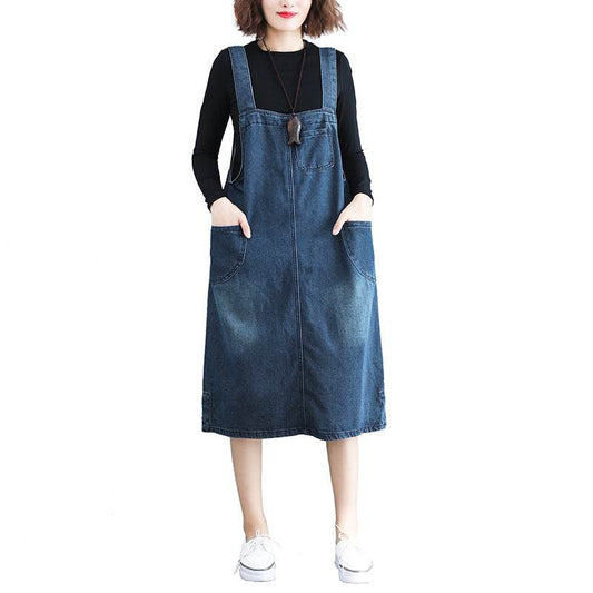 Women's Plus Size Denim Strap Pocket Literary Retro Dress - Mubimart