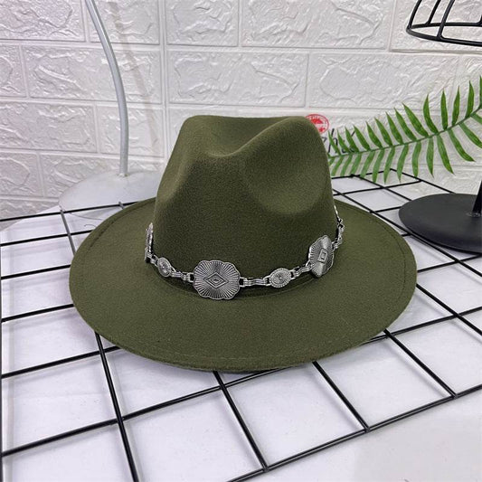 Hat Silver Square Chain Top Hat Wide Brim Flat Edge Woolen Fedora Hat - Mubimart