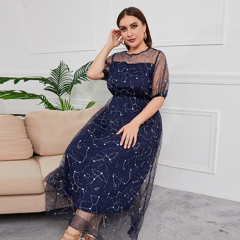 Plus Size Dress Evening Dress Women's Mesh Embroidered Midi Dress - Mubimart -  