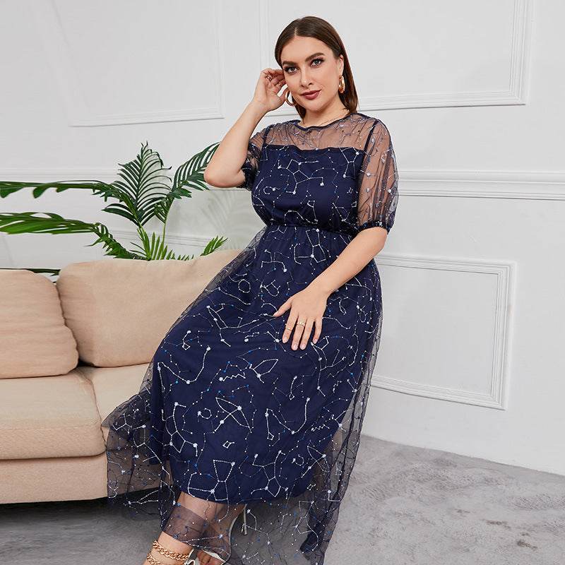 Plus Size Dress Evening Dress Women's Mesh Embroidered Midi Dress - Mubimart