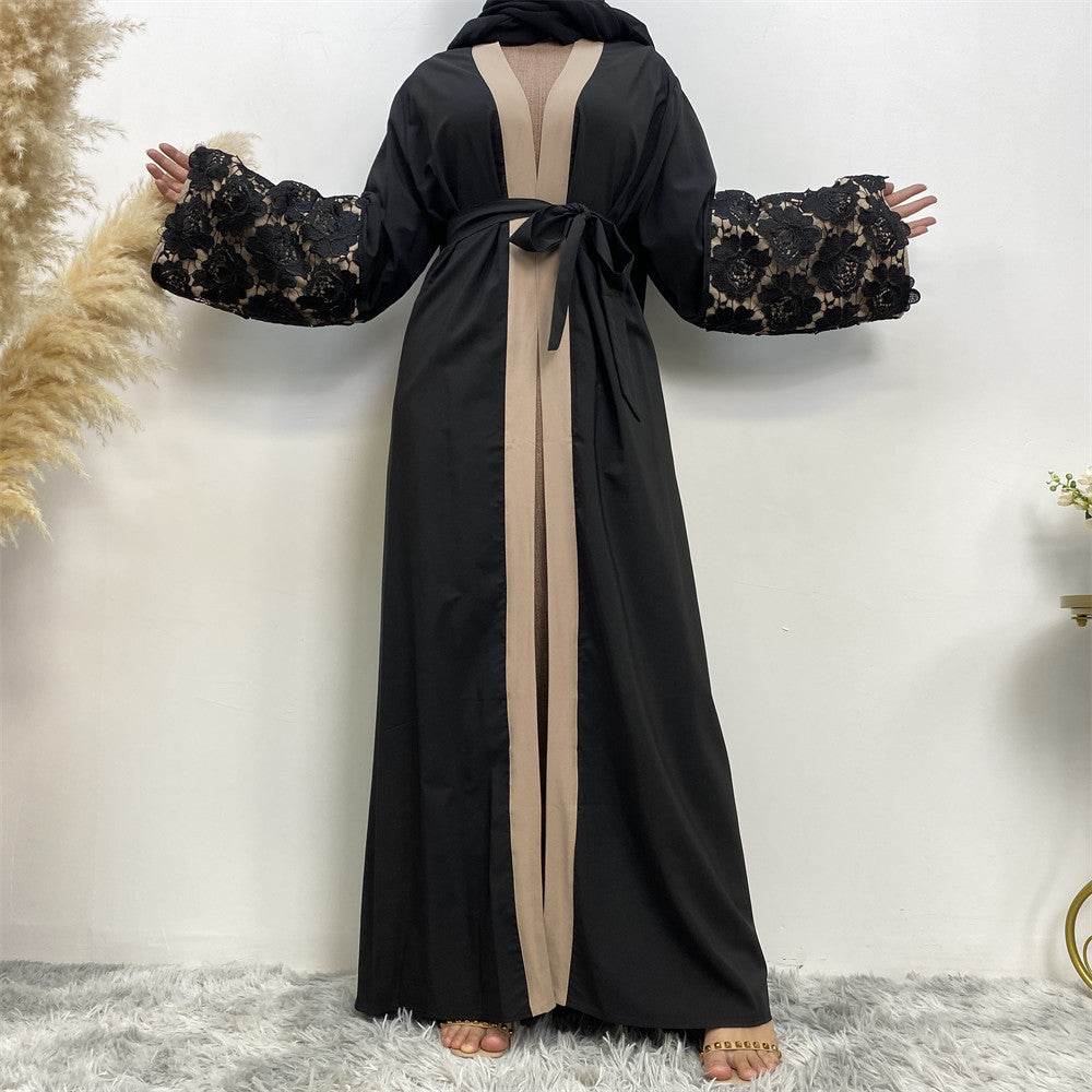 Lace Cuffs Patchwork Long Sleeve Loose Plus Size Lace Up Cardigan Robe - Mubimart