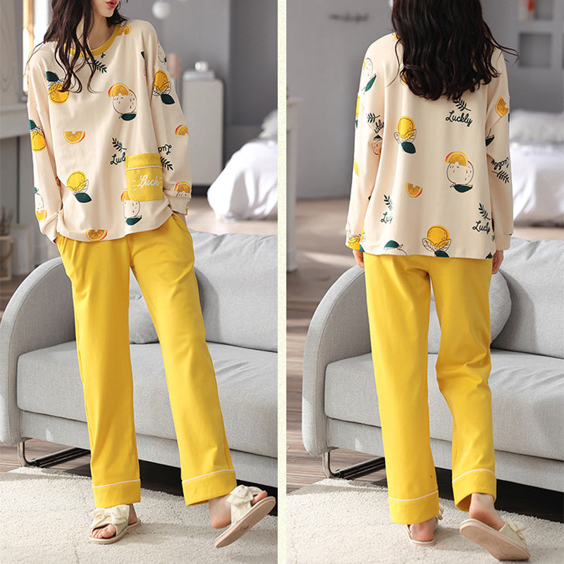 Loose Print Pajamas Women Autumn Winter Pyjama Set Long Sleeves And Trousers Elegant Sleepwear Girl Loungewear Home Clothes - Mubimart -  