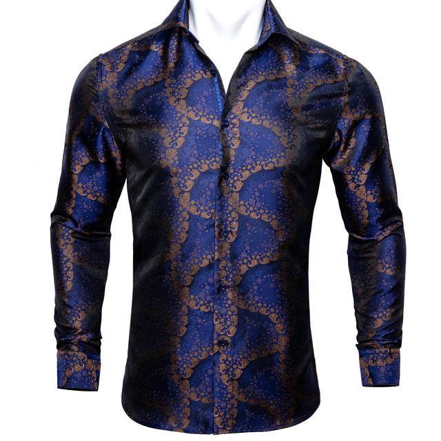 Barry.Wang Teal Paisley Floral Silk Shirts Men Autumn Long Sleeve Casual Flower Shirts For Men Designer Fit Dress Shirt BCY-05 - Mubimart