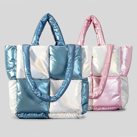 Women Handbags Winter Color Matching Down Cotton-padded Coat Tote Bag Soft Plaid Shoulder Bags - Mubimart