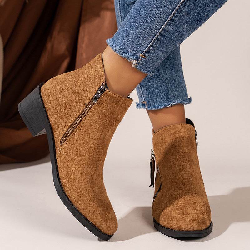 Women's Suede Rubber Cloth Fashion Boots Chunky Heel Booties - Mubimart