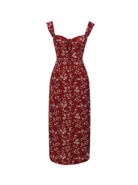 Long Floral Neck Waist Slip Dress - Mubimart