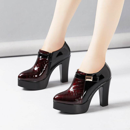 Autumn And Winter New Patent Leather Color Matching High Heel Large Size Work Shoes Women - Mubimart