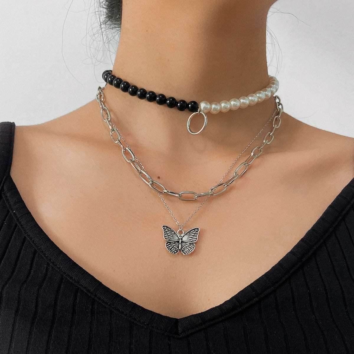 Punk Color Contrast Cross Chain Necklace Women - Mubimart
