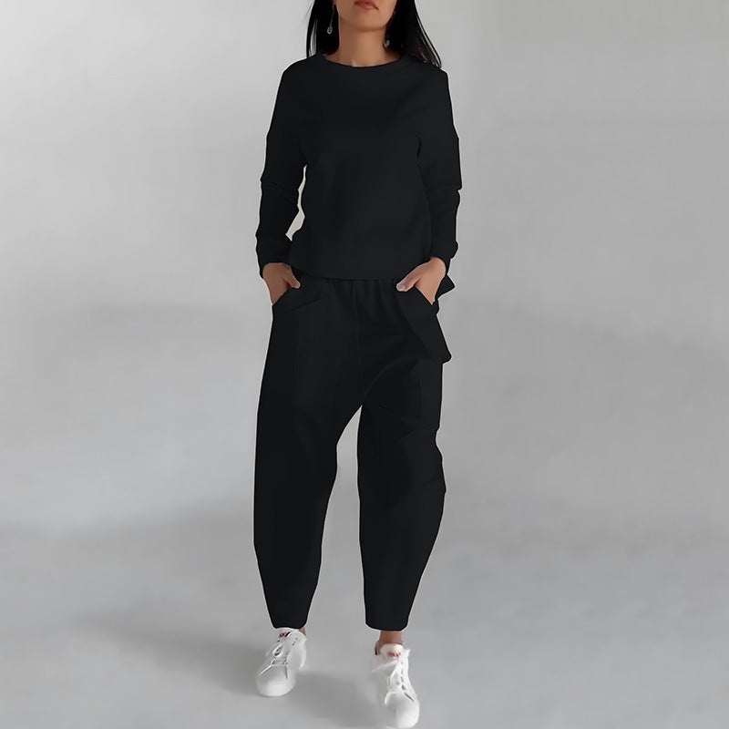 Solid Color Fashion Sweatshirt Long Sleeve Back Slit Top With Pockets Loose Trousers Women's Clothing - Mubimart -  