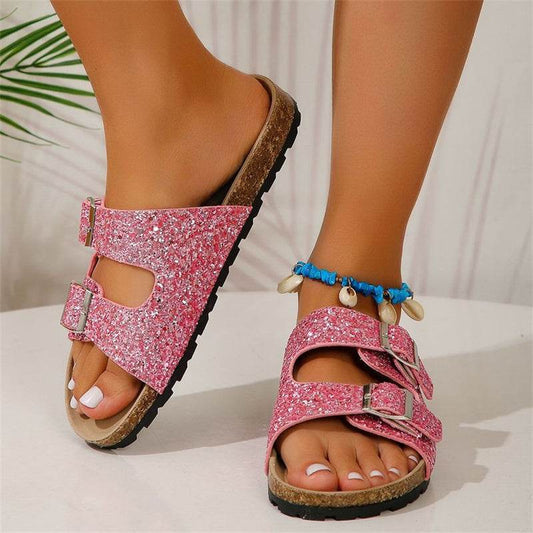 Double Buckle Sandals For Women New Fashion Sequined Beach Shoes Summer Leisure Outdoor Slippers Slides - Mubimart
