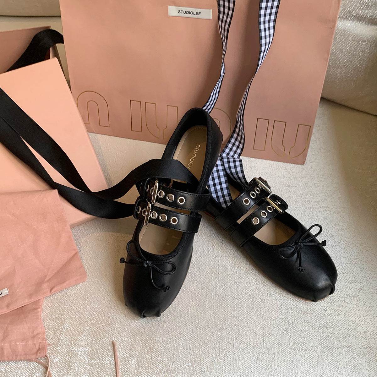 Leather Buckle Bow Round Toe Lace-up Ballet Flats - Mubimart
