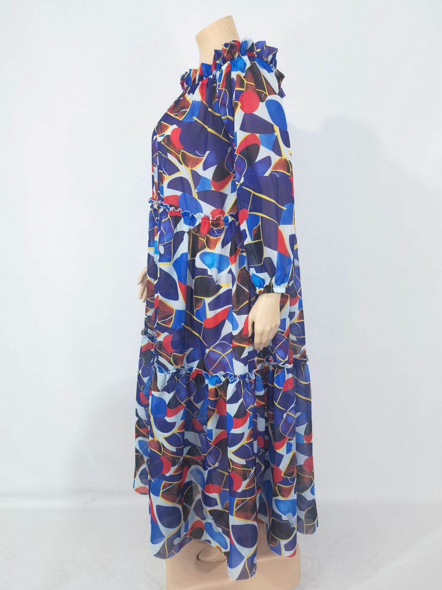 Women's Loose Large Size Digital Printing Oversized Hem Collar Maxi Dress - Mubimart