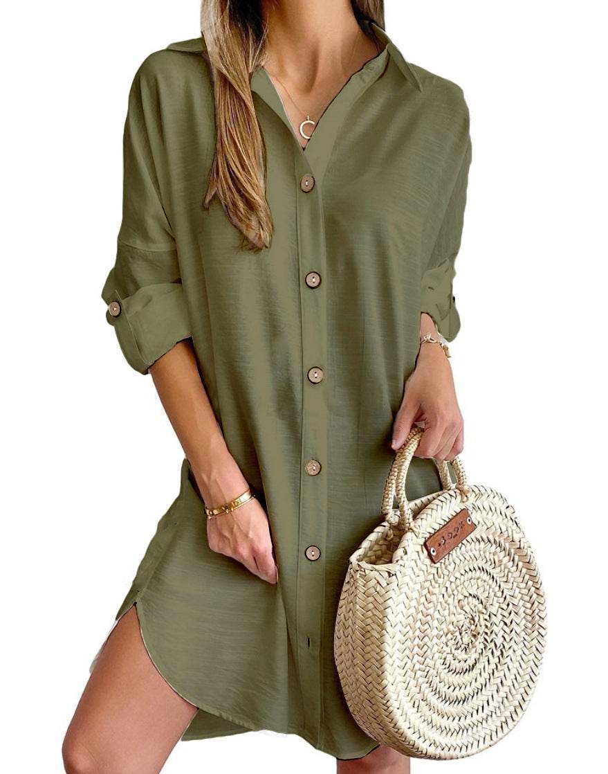 Autumn Leisure Long Sleeve Lapel Button Shirt Dress Womens Clothing - Mubimart
