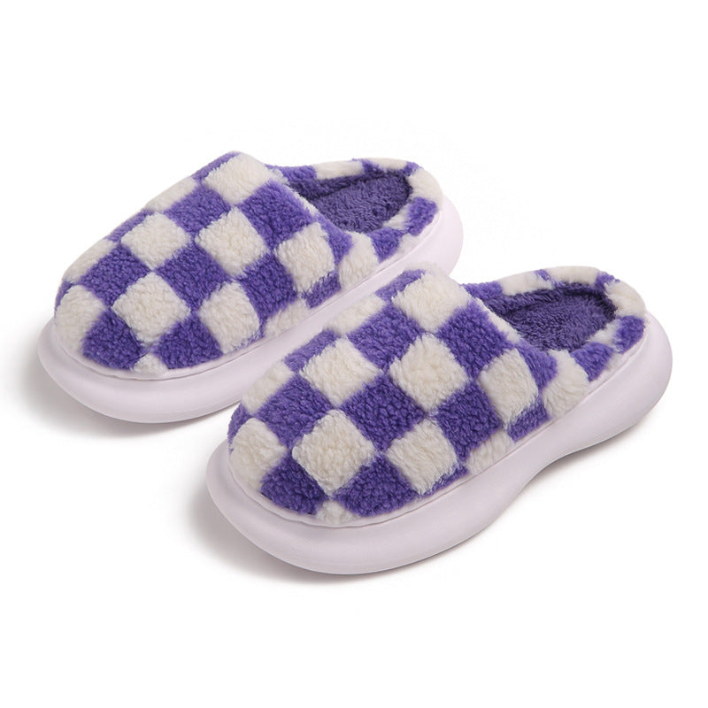 Checkerboard Plus Velvet Thick Cotton Slipper - Mubimart -  