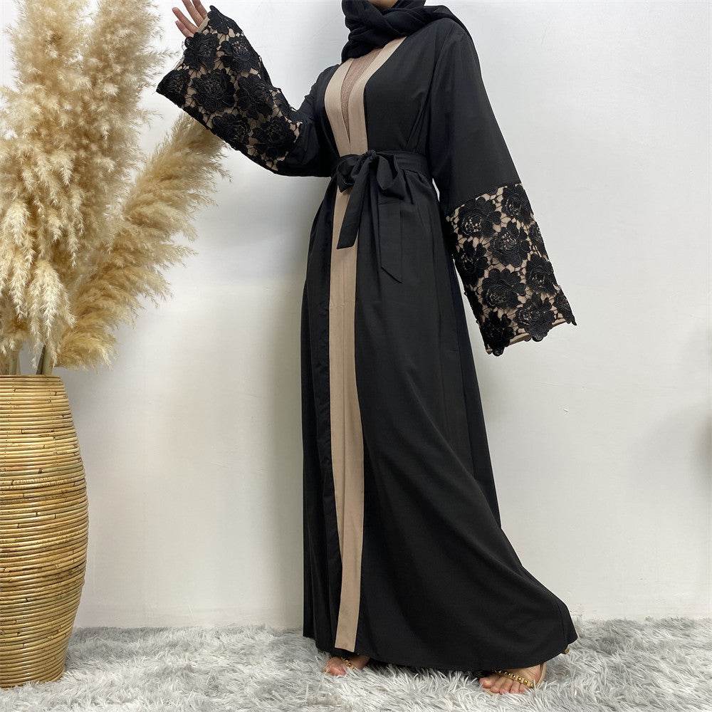 Lace Cuffs Patchwork Long Sleeve Loose Plus Size Lace Up Cardigan Robe - Mubimart