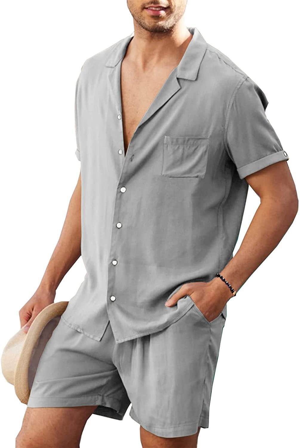 Men's Linen Short Sleeve Shirt Set Linen - Mubimart