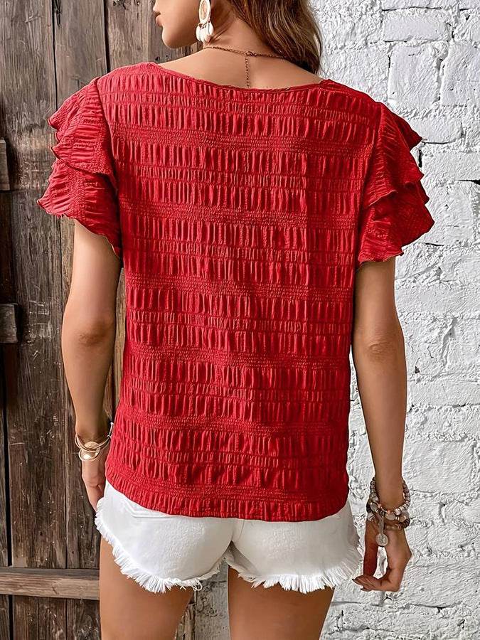 Summer Ruffled Short-sleeved T-shirt Casual Round Neck Pleated Design Top For Women Clothing - Mubimart