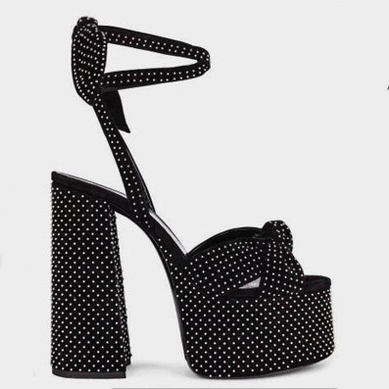Summer Peep Toe Platform Thick Heel Bowknot Lace-up Super High Heels - Mubimart