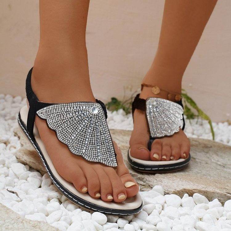 New Rhinestone Shell Flip-Flops Sandals Summer Beach Shoes For Women Fashion Casual Low Heel Flat Slides Slippers - Mubimart