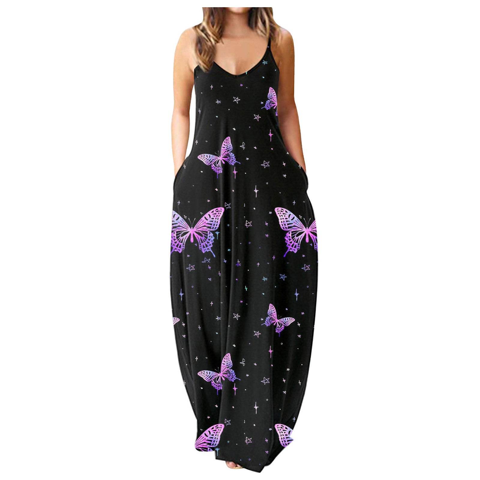 Casual Print Plus Size Sling Long Dress - Mubimart