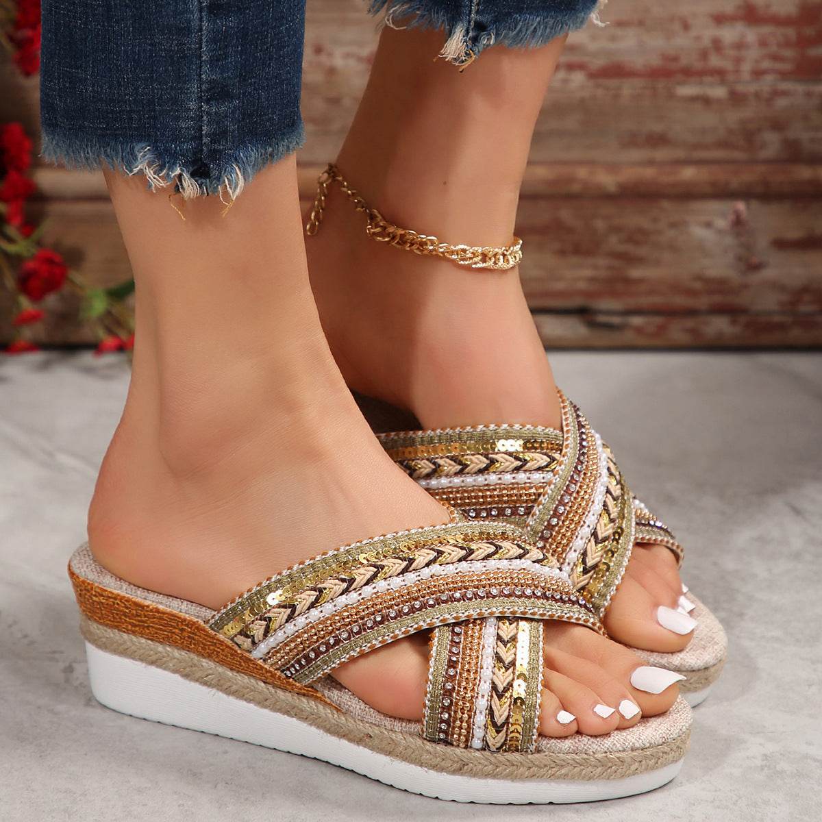 Linen Wedge Sandals Summer Ethnic Style Cross-strap Sandals For Women Non-slip Slides Beach Shoes - Mubimart